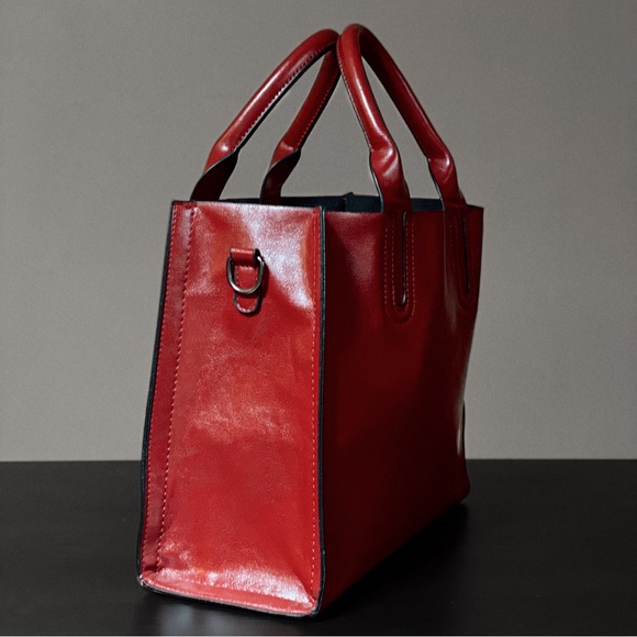 Red Tote Bag PU Leather with Shoulder Strap - Picture 2 of 9
